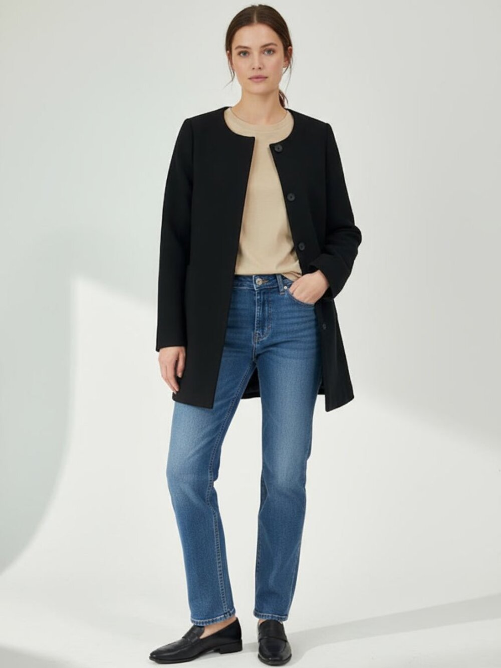 Madewell Black Collarless Cocoon Coat M 75% Wool 5% Rabbit Hair Blend Minimalist